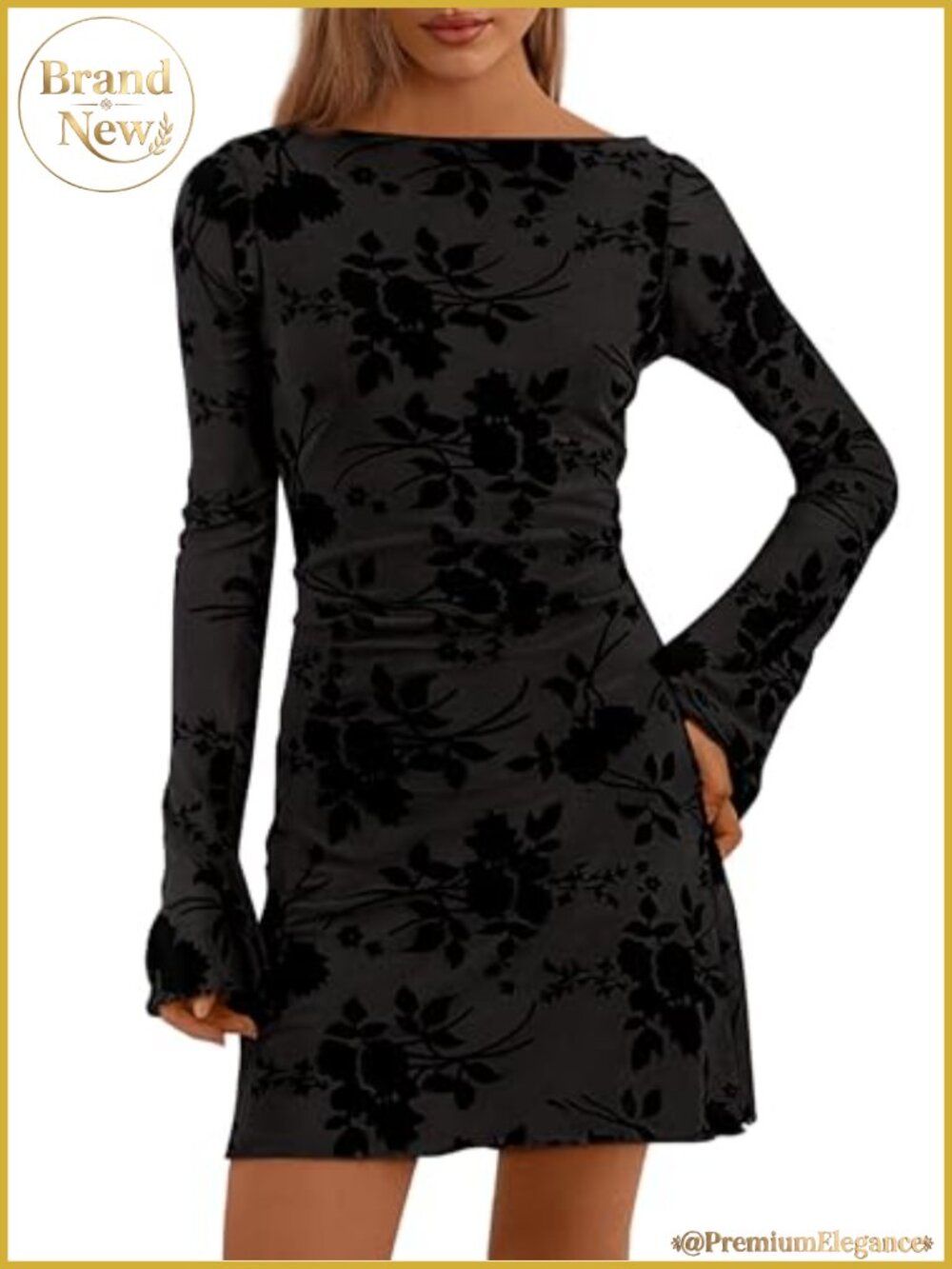 Mesh Bodycon Long Sleeve Mini Dress Floral Boat Neck Bell Sleeve